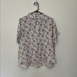 Rachel Zoe Top Womens Small White Linen Floral Cuffed Sleeve Button Up Boho boxy